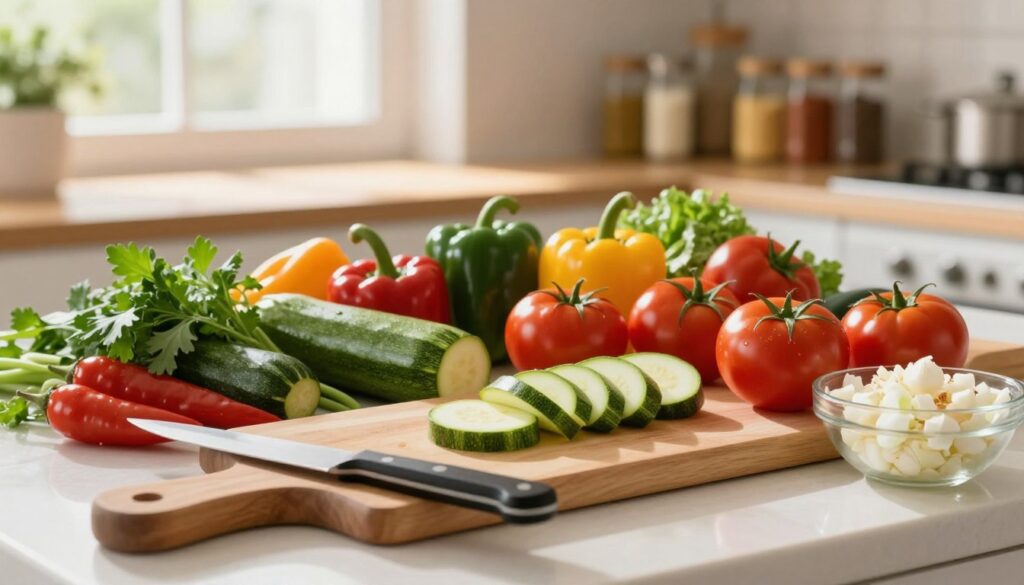 A kitchen countertop filled with fresh vegetables, showcasing freshly chopped zucchini and ripe red tomatoes, surrounded by a colorful array of bell peppers and vibrant herbs. In the foreground, a wooden cutting board with a sharp knife rests beside a bowl of diced onions and minced garlic, creating an inviting preparation scene. The middle of the image features a well-lit kitchen setting with warm, soft natural light streaming in from a nearby window, highlighting the glossy textures of the vegetables. A blurred background includes shelves stocked with spice jars and a hint of greenery from potted plants. The overall mood is warm and homely, evoking a sense of culinary creativity and freshness, perfect for a seasonal cooking theme.
