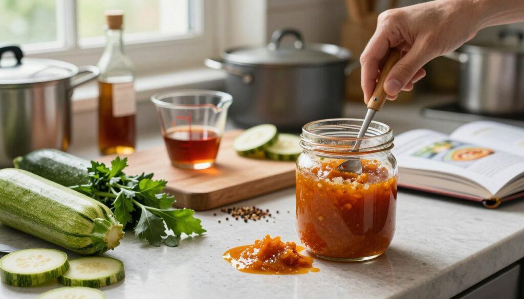 A kitchen countertop scene showcasing common mistakes in making homemade sauces, specifically focusing on sweet and sour sauce with zucchini. In the foreground, a slightly spilled sauce with visible clumps and uneven texture in a glass jar, alongside various misused ingredients like overripe zucchinis, wilted herbs, and improperly measured spices. In the middle, a blurred chopping board cluttered with spilled vinegar and a measuring cup showing incorrect amounts. In the background, soft natural light filtering through a window, illuminating the kitchen's rustic ambiance filled with pots and a cookbook open to a sauce recipe. The mood is slightly chaotic yet inviting, emphasizing the importance of precision in cooking.