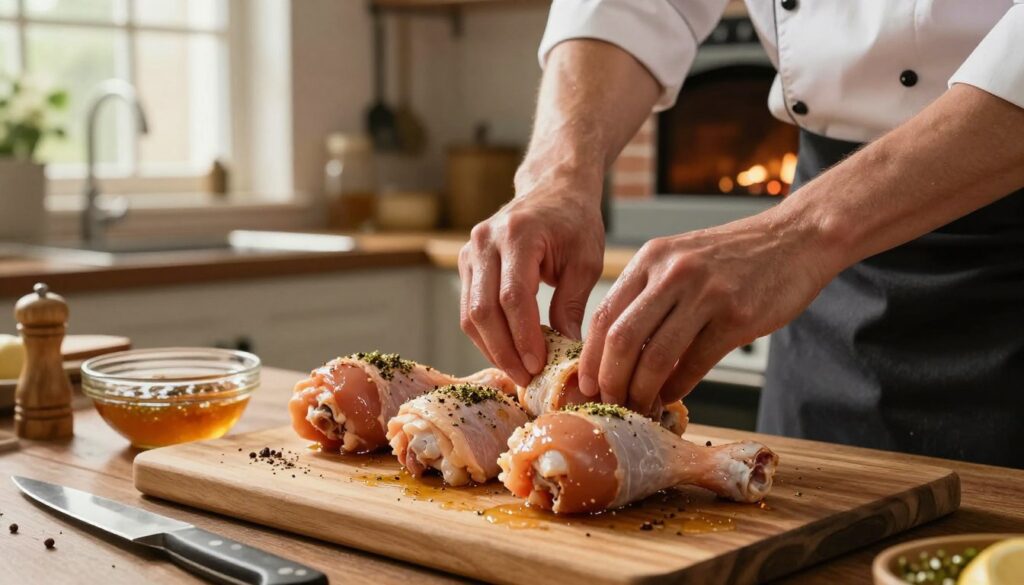 A kitchen scene featuring the preparation of chicken drumsticks before baking. In the foreground, a wooden cutting board is adorned with seasoned chicken drumsticks, sprinkled with herbs and spices, accompanied by a sharp knife and a small bowl of marinade. The middle layer includes a chef's hands glistening with oil, expertly massaging the marinade into the meat. The background reveals a cozy kitchen ambiance, with warm, natural lighting filtering through a nearby window, illuminating a brick oven and hanging utensils. The atmosphere feels inviting and homely, emphasizing careful preparation and attention to detail in cooking. The composition captures the essence of culinary craftsmanship, highlighting the textures and colors of the ingredients.