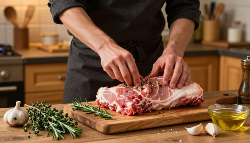 A kitchen scene focused on preparing pork neck (karkówka) for marinating. In the foreground, a wooden cutting board is topped with a thick slab of raw pork neck, surrounded by a selection of fresh herbs such as rosemary and thyme, along with garlic cloves and a small bowl of olive oil, creating a rustic cooking atmosphere. In the middle ground, a chef in a smart casual outfit, gently massaging the marinade into the meat, with a look of concentration. The background showcases a cozy, warm kitchen with soft golden lighting highlighting wooden cabinets and kitchen utensils, enhancing the inviting and homely mood. The camera angle is slightly overhead, capturing the details and textures of the ingredients while focusing on the chef's hands in action.