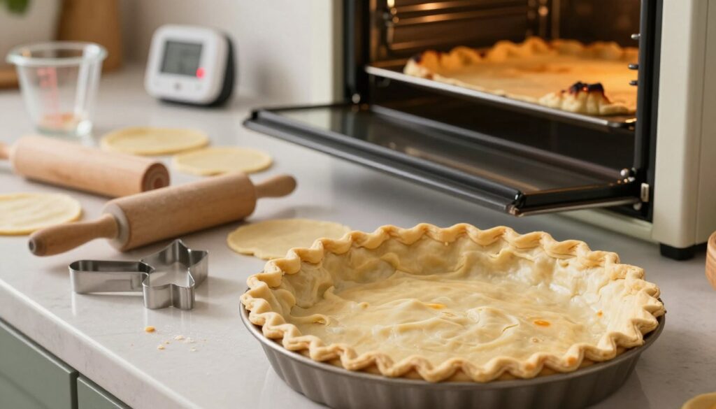 A kitchen scene focusing on common pastry baking mistakes leading to failed puff pastry. Foreground: a pie dish filled with unrisen, unevenly baked pastry, displaying visible signs of collapse and sogginess. Middle: a countertop scattered with baking tools—a rolling pin, pastry cutters, and measuring cups—alongside imperfectly shaped pastry layers. Background: an oven door slightly ajar, revealing burnt edges on another pastry, a timer with a red light blinking. Warm, soft lighting illuminates the scene, creating a cozy yet instructional atmosphere. The angle is slightly tilted to emphasize the chaos of the baking process, highlighting the importance of proper techniques for achieving flaky, golden layers. A kitchen scene focusing on common pastry baking mistakes leading to failed puff pastry. Foreground: a pie dish filled with unrisen, unevenly baked pastry, displaying visible signs of collapse and sogginess. Middle: a countertop scattered with baking tools—a rolling pin, pastry cutters, and measuring cups—alongside imperfectly shaped pastry layers. Background: an oven door slightly ajar, revealing burnt edges on another pastry, a timer with a red light blinking. Warm, soft lighting illuminates the scene, creating a cozy yet instructional atmosphere. The angle is slightly tilted to emphasize the chaos of the baking process, highlighting the importance of proper techniques for achieving flaky, golden layers.