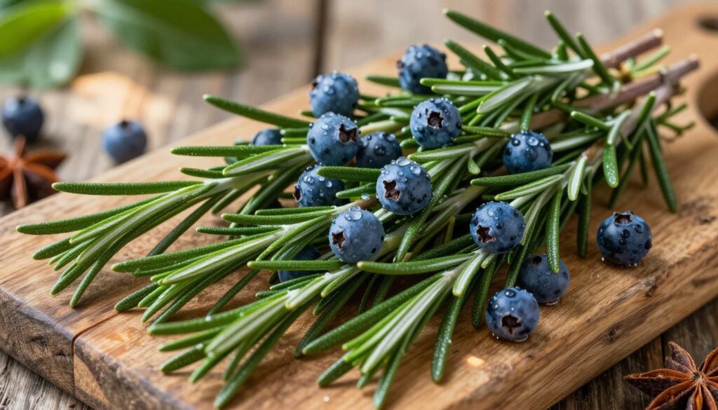 A lush and aromatic arrangement featuring fresh juniper berries and sprigs of rosemary, beautifully intertwined with a rustic wooden background. In the foreground, the rich green foliage of rosemary contrasts with the bluish hue of the juniper, both enhanced by drops of dew, suggesting freshness. The middle ground includes earthy textures, like a wooden cutting board and scattered spices, hinting at preparation. Soft, natural sunlight filters through, casting gentle shadows that evoke a serene outdoor forest atmosphere. The angle is slightly overhead, inviting the viewer to immerse themselves into this aromatic world, capturing the essence of forest flavors and the art of seasoning.