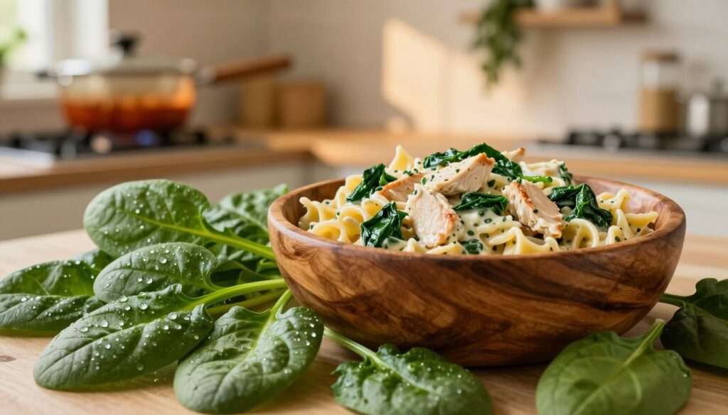A lush, vibrant display of fresh spinach leaves fills the foreground, glistening with dew drops under soft, natural light. The middle ground features a rustic wooden bowl filled with a creamy chicken pasta meal, accented by small pieces of sautéed spinach mixed in, showcasing a harmonious blend of colors. In the background, a warm kitchen setting is visible, with a hint of simmering sauce in a pot, and herbs hanging from the shelves, adding depth to the composition. The lighting is warm and inviting, casting gentle shadows that create a cozy atmosphere. The image conveys a sense of freshness and nourishment, perfect for illustrating the culinary theme of adding vegetables for enhanced flavors.