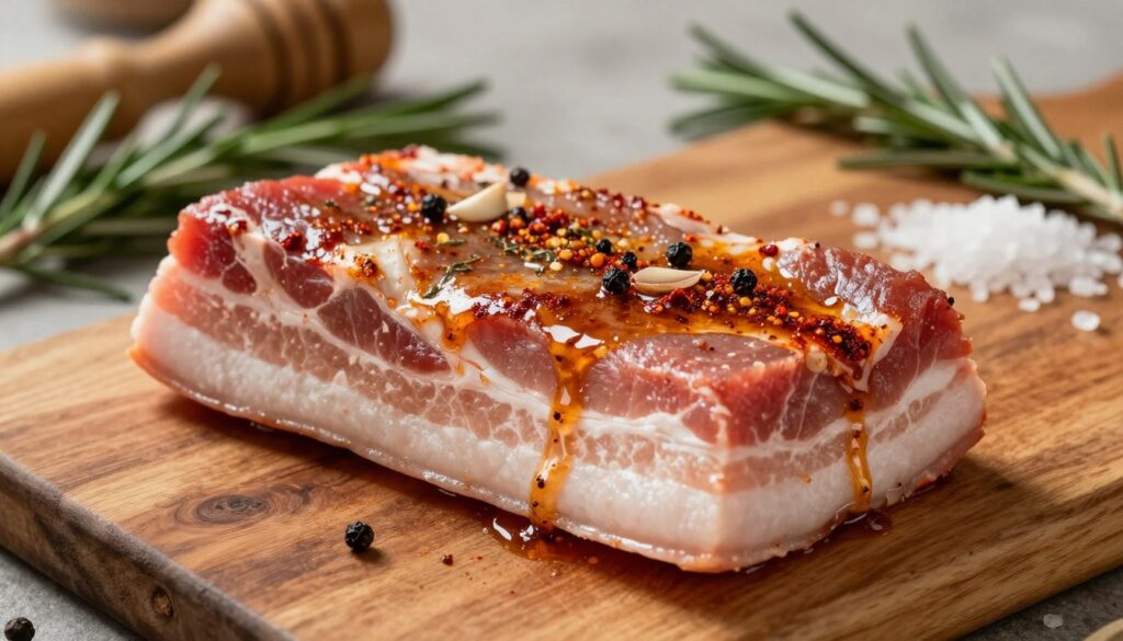 A luxurious, close-up shot of a marinated piece of raw pork belly, presented on a rustic wooden cutting board. The generous marinade glistens with a mix of deep red and brown hues, showcasing spices such as garlic, black pepper, and paprika along with herbs. In the background, softly lit kitchen tools and fresh ingredients like rosemary and sea salt enhance the culinary atmosphere. The image captures the meat’s rich texture, inviting viewers to appreciate the detail and care put into preparing it for roasting. Natural, warm lighting highlights the richness of the marinade, creating a cozy, mouth-watering ambiance that evokes the essence of home cooking. No text or watermarks present.