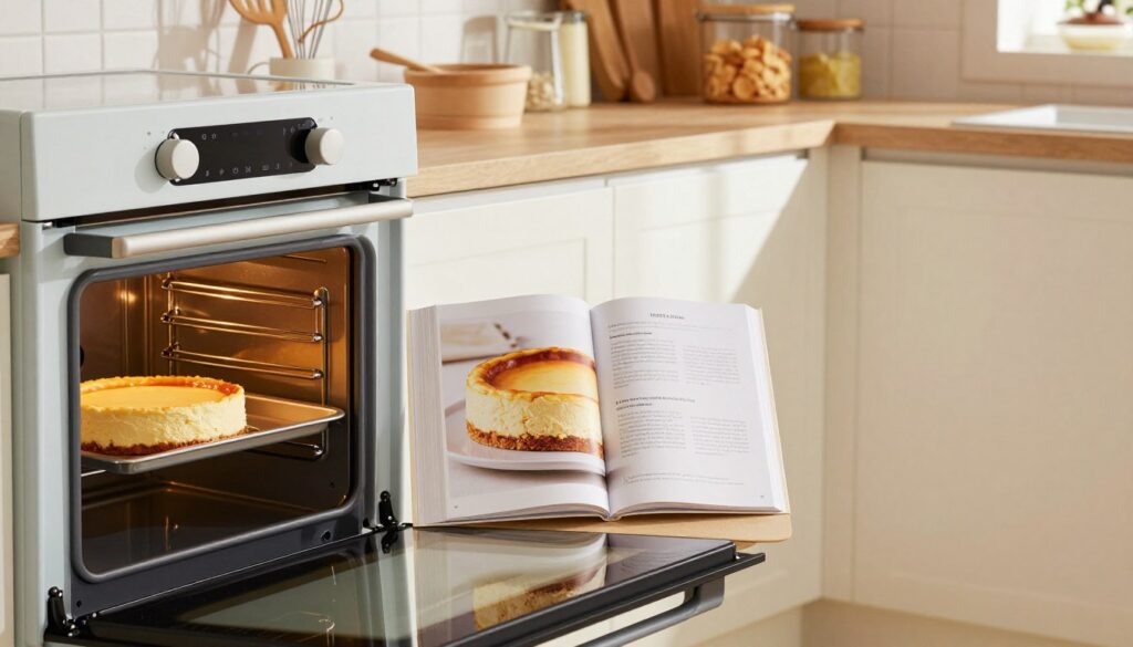 A modern kitchen interior, focusing on a sleek, high-end oven set to the perfect temperature for baking cheesecake. In the foreground, the oven door is slightly open, revealing a creamy cheesecake nestled on a baking tray. Surrounding the oven are neatly arranged baking utensils, like measuring cups and a whisk. The middle of the image showcases an open cookbook with a close-up of cheesecake recipes, emphasizing the importance of oven settings. Soft, warm lighting casts inviting shadows, creating a cozy baking atmosphere. In the background, kitchen cabinets display neatly organized ingredients, while the soft blur adds depth, enhancing the focus on the baking process. The overall mood is warm and inviting, conveying the joy of baking. A modern kitchen interior, focusing on a sleek, high-end oven set to the perfect temperature for baking cheesecake. In the foreground, the oven door is slightly open, revealing a creamy cheesecake nestled on a baking tray. Surrounding the oven are neatly arranged baking utensils, like measuring cups and a whisk. The middle of the image showcases an open cookbook with a close-up of cheesecake recipes, emphasizing the importance of oven settings. Soft, warm lighting casts inviting shadows, creating a cozy baking atmosphere. In the background, kitchen cabinets display neatly organized ingredients, while the soft blur adds depth, enhancing the focus on the baking process. The overall mood is warm and inviting, conveying the joy of baking.