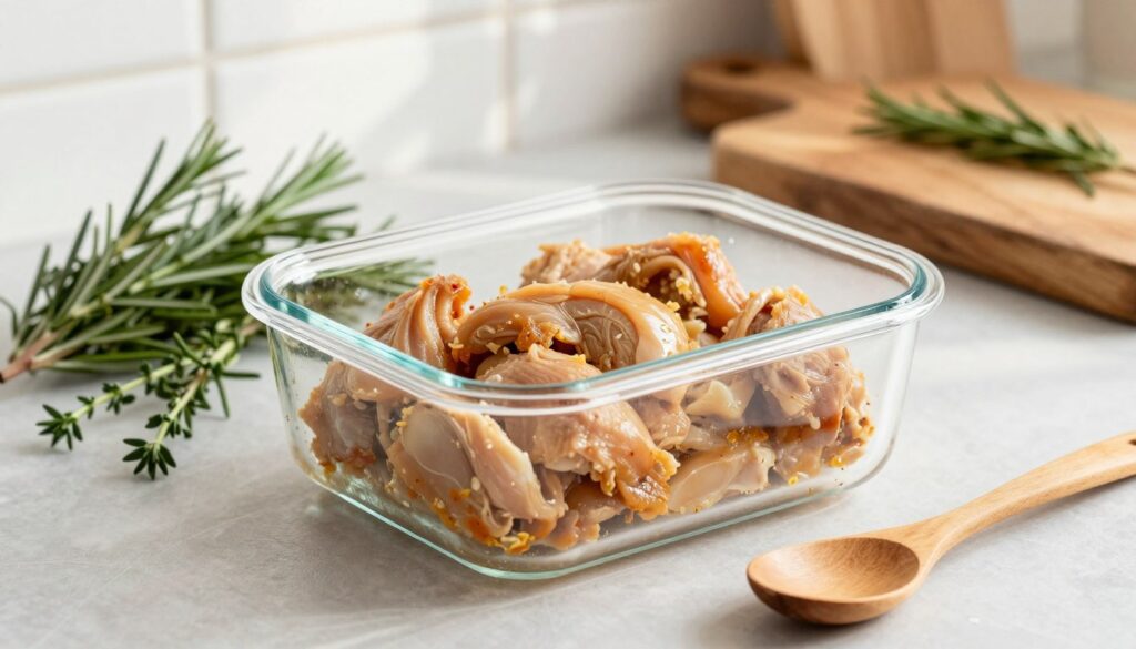 A modern kitchen scene featuring a clear glass container filled with leftover marinated chicken pieces, showcasing their juicy texture. The foreground highlights the container with a simple wooden spoon resting beside it, emphasizing the idea of storage and repurposing. In the middle ground, fresh herbs like rosemary and thyme are artfully placed around the container, adding a touch of color and freshness. The background includes a rustic wooden cutting board, hinting at a culinary context. Soft, natural lighting filters through a nearby window, casting gentle shadows and enhancing the warmth of the kitchen atmosphere. The overall mood is inviting and homey, perfect for a cooking inspiration setting. The composition captures the essence of practical food storage while emphasizing the delicious potential of leftovers. A modern kitchen scene featuring a clear glass container filled with leftover marinated chicken pieces, showcasing their juicy texture. The foreground highlights the container with a simple wooden spoon resting beside it, emphasizing the idea of storage and repurposing. In the middle ground, fresh herbs like rosemary and thyme are artfully placed around the container, adding a touch of color and freshness. The background includes a rustic wooden cutting board, hinting at a culinary context. Soft, natural lighting filters through a nearby window, casting gentle shadows and enhancing the warmth of the kitchen atmosphere. The overall mood is inviting and homey, perfect for a cooking inspiration setting. The composition captures the essence of practical food storage while emphasizing the delicious potential of leftovers.