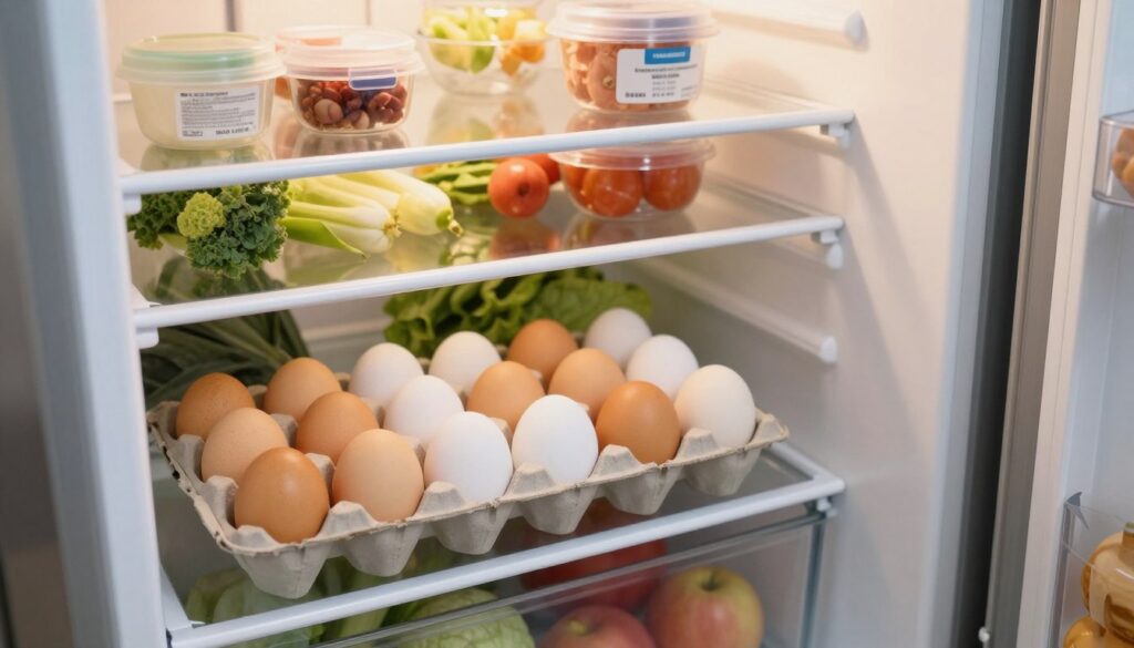 A modern refrigerator interior filled with neatly stored eggs in their original carton, showcasing different shades of brown and white. The foreground features the opened refrigerator door with a focus on the carton of eggs. In the middle, various shelves display fresh produce and labeled containers, emphasizing a clean and organized space. The background softly fades to reveal a cozy kitchen with warm lighting, highlighting the importance of temperature control. Use soft, even lighting to create a calm and inviting atmosphere, with a slight reflection on the glass shelves. The angle should be slightly tilted from above to emphasize the eggs while retaining the context of the organized refrigerator. A modern refrigerator interior filled with neatly stored eggs in their original carton, showcasing different shades of brown and white. The foreground features the opened refrigerator door with a focus on the carton of eggs. In the middle, various shelves display fresh produce and labeled containers, emphasizing a clean and organized space. The background softly fades to reveal a cozy kitchen with warm lighting, highlighting the importance of temperature control. Use soft, even lighting to create a calm and inviting atmosphere, with a slight reflection on the glass shelves. The angle should be slightly tilted from above to emphasize the eggs while retaining the context of the organized refrigerator.