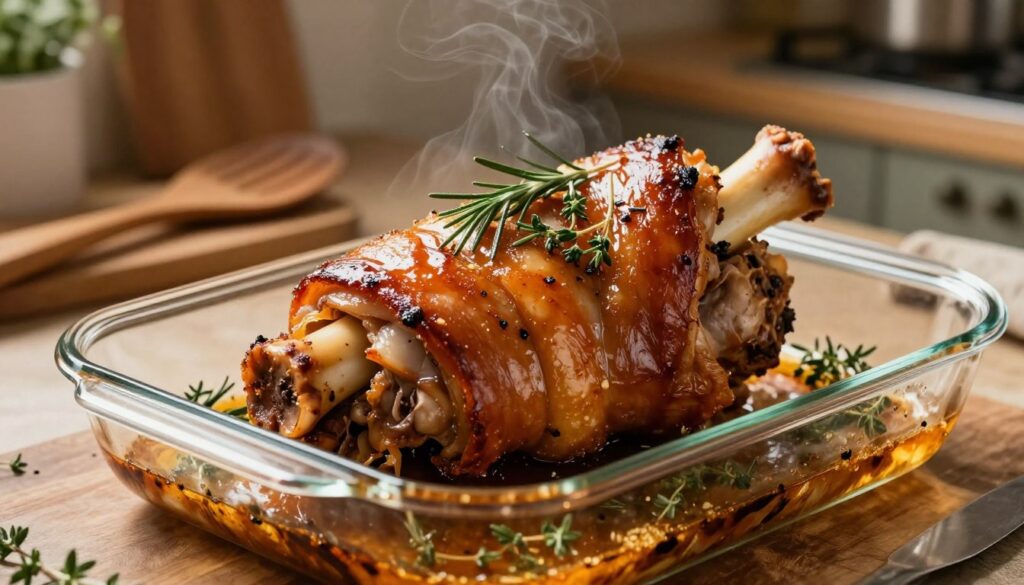 A mouthwatering close-up of a succulent roasted pork knuckle, glistening with a rich, golden-brown crust, placed in a clear glass baking dish. The knuckle is garnished with fresh herbs, such as rosemary and thyme, enhancing its vibrant display. In the foreground, a lightly scorched surface of the oven with a hint of smoke, suggesting the perfect roasting technique for achieving a crispy skin. In the middle, the warm light illuminates the dish, creating a cozy, inviting atmosphere in a rustic kitchen setting, adorned with wooden utensils and earthy tones. The background features soft-focus, traditional kitchen elements that complement the scene, maintaining a homely charm. The overall mood is warm and appetizing, drawing the viewer into the culinary experience.