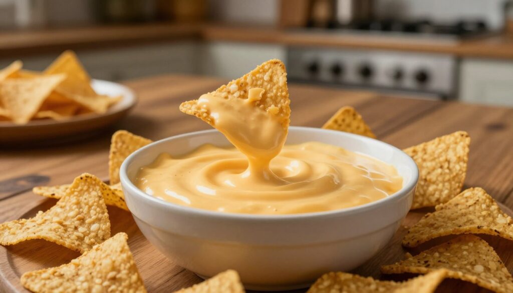 A mouthwatering scene featuring a bowl of creamy, golden cheese sauce, perfect for nachos, placed prominently in the foreground. Surrounding the bowl, crispy tortilla chips are generously dipped into the sauce, showcasing their texture. In the middle, a rustic wooden table adds an inviting, warm feel. In the background, a blurred kitchen setting hints at a cozy atmosphere with soft, ambient lighting illuminating the cheese sauce, enhancing its richness. The angle is slightly above, capturing the attractive pooling of the cheese sauce as it clings to the chips, inviting viewers to indulge. The overall mood is casual and inviting, perfect for casual gatherings or snack time.
