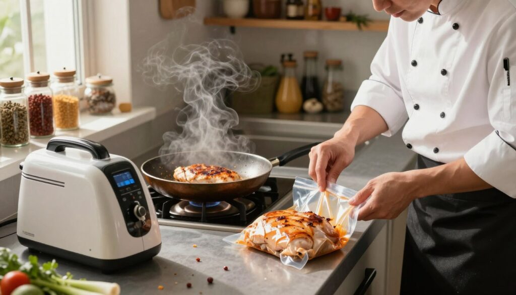 A neatly organized kitchen scene featuring various thermal cooking techniques being applied to chicken breasts. In the foreground, a skilled chef in professional attire, focused and diligent, is using a sous vide machine, with a vacuum-sealed bag of marinated chicken placed nearby. In the middle, a stovetop with a frying pan sizzling lightly, showcasing perfectly browned chicken. Steam billows softly, capturing the essence of a warm and inviting cooking atmosphere. The background includes shelves filled with spices and herbs, enhancing the vibrant mood. Soft, natural light streams through a window, creating a cozy ambiance. The image conveys a sense of culinary expertise and the art of cooking chicken to perfect juiciness.