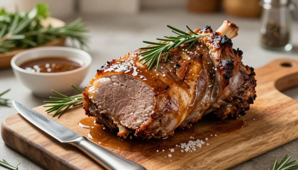 A perfectly roasted pork neck, known as "karkówka," sits on a rustic wooden cutting board, its surface golden brown and glistening with savory juices. The meat is garnished with fresh rosemary and a dash of coarse sea salt to enhance its appeal. In the foreground, a silver carving knife is positioned beside the meat, hinting at the act of serving. The middle ground includes a small bowl of homemade gravy, rich and inviting, accentuating the dish's flavor profile. Soft, warm, natural lighting casts gentle shadows and highlights the meat's succulent texture, creating an appetizing atmosphere. In the background, a blurred kitchen scene with herbs and spices sets the context, evoking a homey cooking environment that emphasizes comfort and culinary expertise.