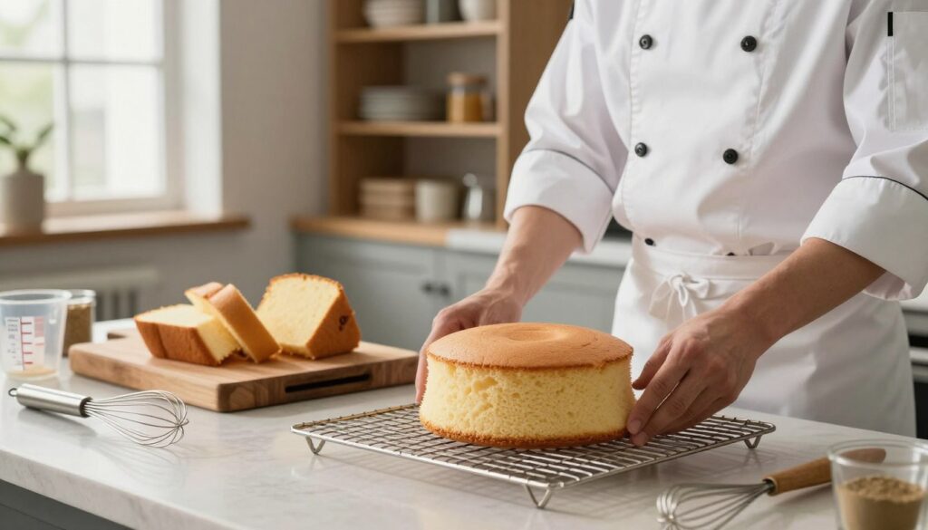 A professional culinary kitchen setting, featuring a perfectly baked sponge cake on a cooling rack, surrounded by essential baking tools. In the foreground, a chef in a crisp white apron demonstrates the proper cooling technique, gently placing the sponge cake on a wire rack. The middle ground contains a butcher block with sliced sponge cake pieces showcasing the fluffy texture, while kitchen utensils such as a whisk and measuring cups are artfully arranged. The background displays a well-organized pantry and a large window allowing soft, natural light to illuminate the scene, creating a warm and inviting atmosphere. The overall mood is focused and professional, highlighting the art of cooling and slicing a sponge cake with precision.