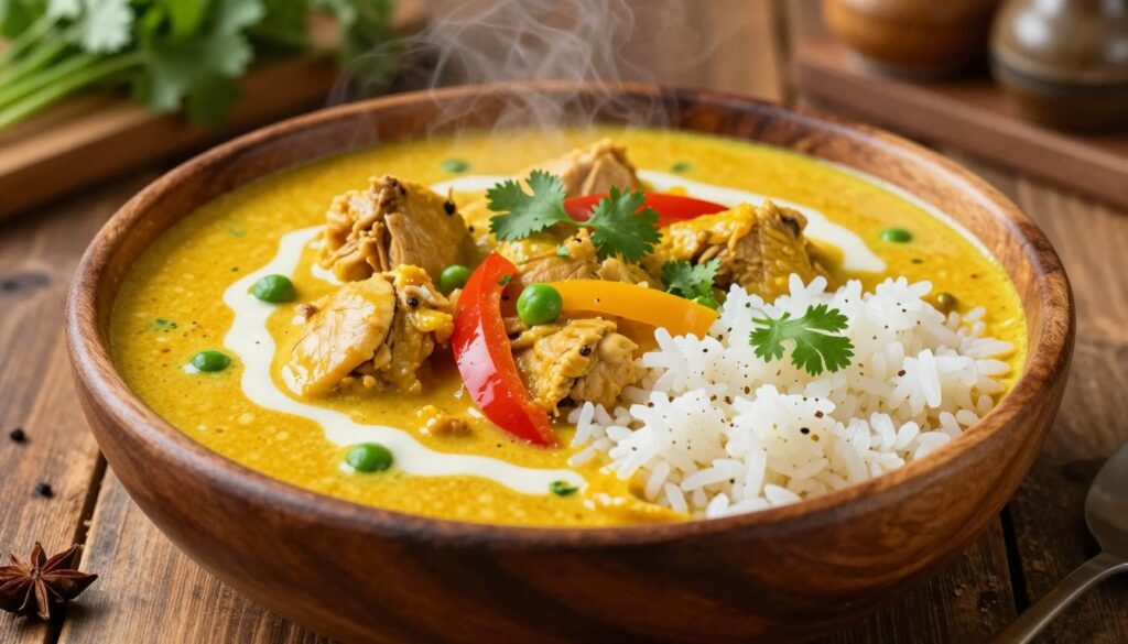 A rich and creamy curry dish featuring vibrant yellow-orange sauce made with spices and fresh cream, served on a rustic wooden table. In the foreground, a wooden bowl filled with steaming white rice, garnished with fresh cilantro. In the middle, a generous serving of the creamy curry, showcasing tender pieces of chicken, colorful bell peppers, and peas, arranged artistically. The lighting is warm and inviting, emphasizing the smooth texture of the sauce with soft shadows. Background elements include a blurred glimpse of a cozy kitchen, with spices and fresh herbs, evoking a homely atmosphere. The overall mood is comforting and inspiring, perfect for a delightful culinary experience.