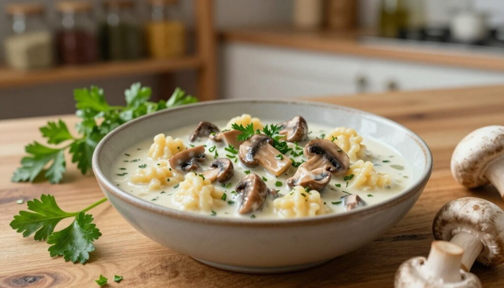 A rich and creamy mushroom sauce elegantly presented in a small, rustic bowl, placed on a textured wooden table. The sauce, made with finely chopped mushrooms, hints of garlic, and fresh herbs, glistens under soft, diffused lighting. Surrounding the bowl are delicate sprigs of parsley and a few scattered mushrooms, emphasizing the fresh ingredients. In the background, slightly blurred, are hints of a cozy kitchen setting, with warm colors and wooden shelves filled with jars and spices. The atmosphere is inviting and warm, suggesting comfort food. The image captures the essence of a gourmet vegetarian sauce, perfect for accompanying gnocchi, showcasing both elegance and simplicity without any distracting elements.