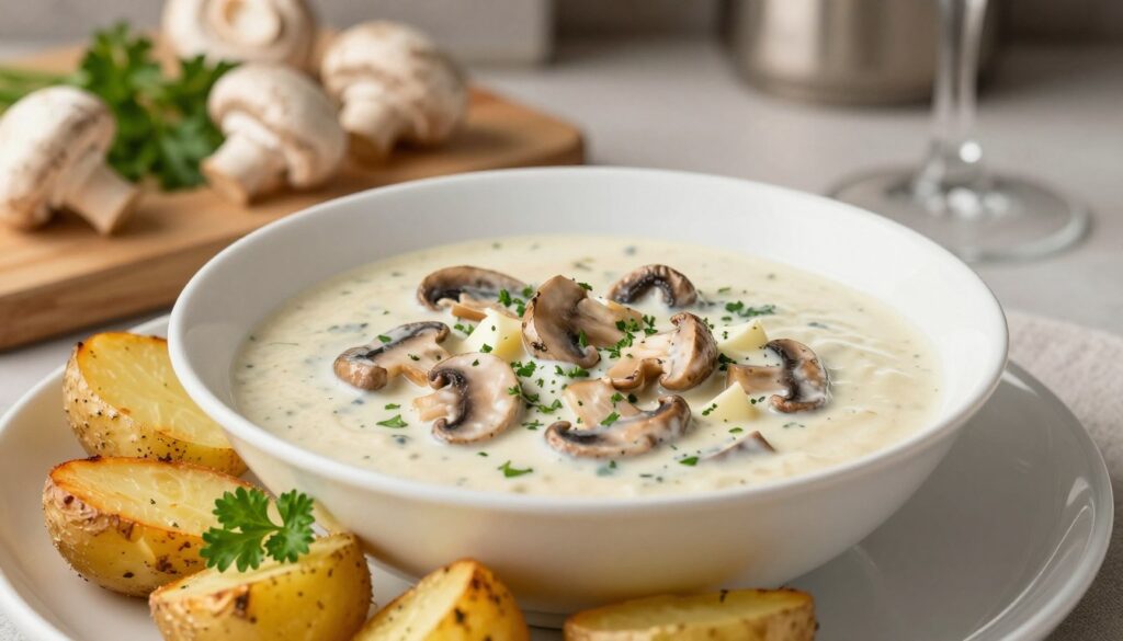 A rich and creamy mushroom sauce served in an elegant, white bowl with a smooth surface. The sauce features finely chopped mushrooms, herbs, and a hint of garlic, exuding an inviting aroma. In the foreground, the bowl is surrounded by buttery, golden-brown roasted potatoes, garnished with sprigs of fresh parsley for a pop of color. The middle ground includes a wooden cutting board with a few fresh mushrooms and herbs, hinting at the ingredients. The background showcases a soft-focused kitchen setting with warm, ambient lighting that creates a cozy atmosphere. Capture it from a slightly elevated angle to emphasize the textures of the sauce and potatoes, evoking a feeling of homeliness and culinary delight.