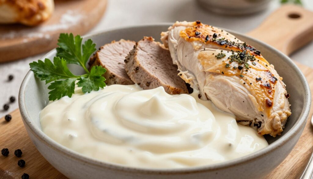 A rich and creamy white sauce, known as "sos śmietanowy," is artfully presented in a rustic, shallow bowl. The foreground features a glossy, spoonful of sauce, with a light sheen reflecting overhead soft, warm lighting. Surrounding the bowl are fresh parsley leaves and a scattering of black peppercorns, adding vibrant color contrasts. In the middle ground, tender slices of succulent pork chop and juicy chicken fillets, garnished with herbs, are elegantly placed beside the sauce, showcasing a delectable pairing. The background features a wooden cutting board, lightly dusted with flour, and a blurred kitchen setting, creating a warm, inviting atmosphere. The overall mood is cozy and appetizing, ideal for a home-cooked meal.