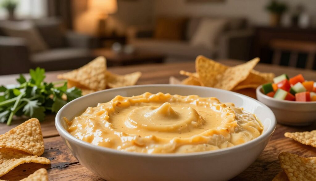 A rich, creamy cheese dip served in an elegant bowl, with smooth, velvety texture that glistens under soft, warm lighting. The foreground features a bowl filled with golden melted cheese, surrounded by a variety of dipping items such as crispy tortilla chips, fresh herbs, and colorful chopped vegetables. In the middle ground, a rustic wooden table adds warmth, while further back, a cozy living room setting with dim light creates an inviting atmosphere, reminiscent of a home movie night. The focus is sharp on the cheese dip, emphasizing its creamy consistency and delicious allure, while the backdrop is softly blurred to enhance the intimacy of the scene.