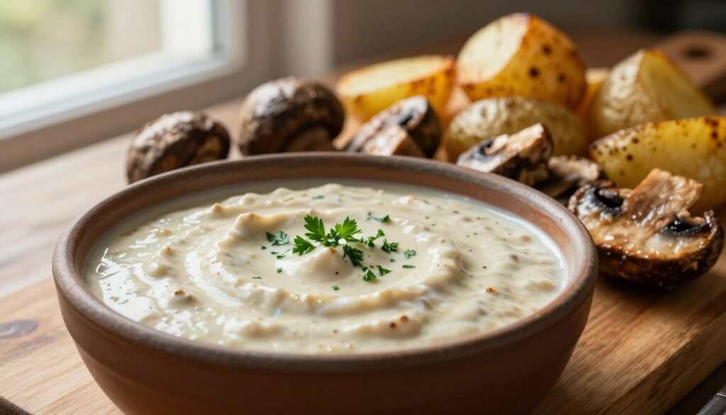 A rich, creamy mushroom sauce in a rustic ceramic bowl placed on a wooden table. The foreground showcases the sauce, glistening with a hint of fresh herbs like parsley sprinkled on top. In the middle ground, soft, sautéed mushrooms are artistically arranged around the bowl, some whole and others sliced, highlighting their texture. In the background, there are golden, roasted potatoes, perfectly crispy and inviting. Warm, natural light filters through a window, casting soft shadows that enhance the coziness of the scene. The atmosphere is warm and inviting, ideal for a comforting meal. The focus is sharp on the sauce and mushrooms, with a slight blur on the background to emphasize the main subject.