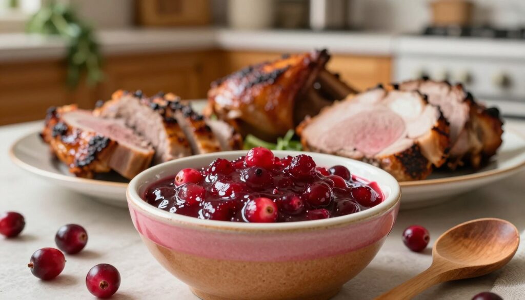 A rich, glossy cranberry sauce in a rustic ceramic bowl, with vibrant red and pink hues glistening under soft, warm kitchen lighting. The foreground features the bowl of sauce, surrounded by fresh cranberries and a wooden spoon, emphasizing the textures. In the middle ground, an assortment of succulent roasted meats, such as turkey and pork, is artistically plated to highlight the sauce's pairing. In the background, a softly blurred but inviting kitchen setting with warm wooden cabinets and herbs hanging, creating a cozy atmosphere. The angle is slightly above eye level, offering a dynamic view that invites the viewer to savor the moment, capturing the essence of a sweet and tangy sauce perfect for meat dishes.
