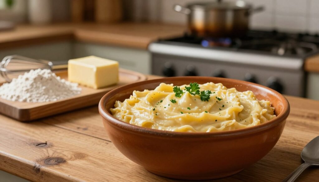 A rich, golden-brown bowl of freshly prepared "zasmażka" sits invitingly on a rustic wooden kitchen table. In the foreground, the thick, velvety texture of the zasmażka is visible, with small flecks of parsley adding a touch of color. In the middle ground, a neatly arranged setup of essential cooking ingredients, like flour and butter, alongside a whisk, suggests the preparation process. Warm, soft lighting enhances the appetizing tones of the dish, while a blurred background features an old-fashioned stove with a pot simmering, evoking a cozy, homestyle kitchen atmosphere. The overall mood is warm and inviting, perfect for illustrating a culinary technique.