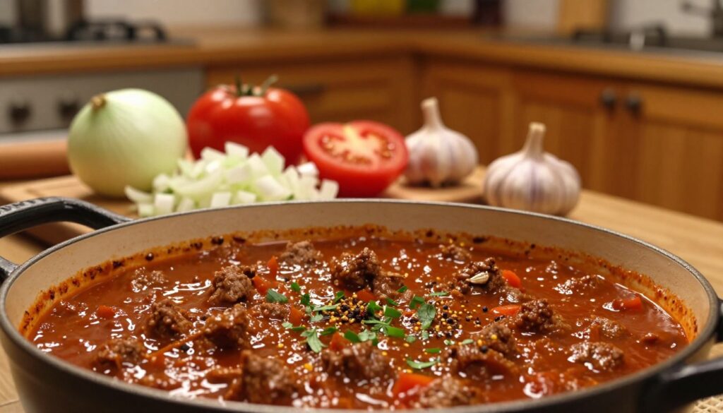 A rich, savory meat sauce simmering in a rustic pot, surrounded by an array of fresh, vibrant ingredients. In the foreground, the glossy, thick texture of the sauce is visible, with finely chopped herbs and spices peeking through. In the middle, there are chopped onions, tomatoes, and garlic on a wooden cutting board, giving a home-cooked feel. The background features a softly lit kitchen setting with warm wooden cabinets and hanging utensils, evoking a cozy atmosphere. The lighting is warm and inviting, casting gentle shadows that enhance the sauce’s depth. Shot from a slightly elevated angle, creating an inviting perspective, this image captures the essence of preparing a simple yet delicious meat sauce.