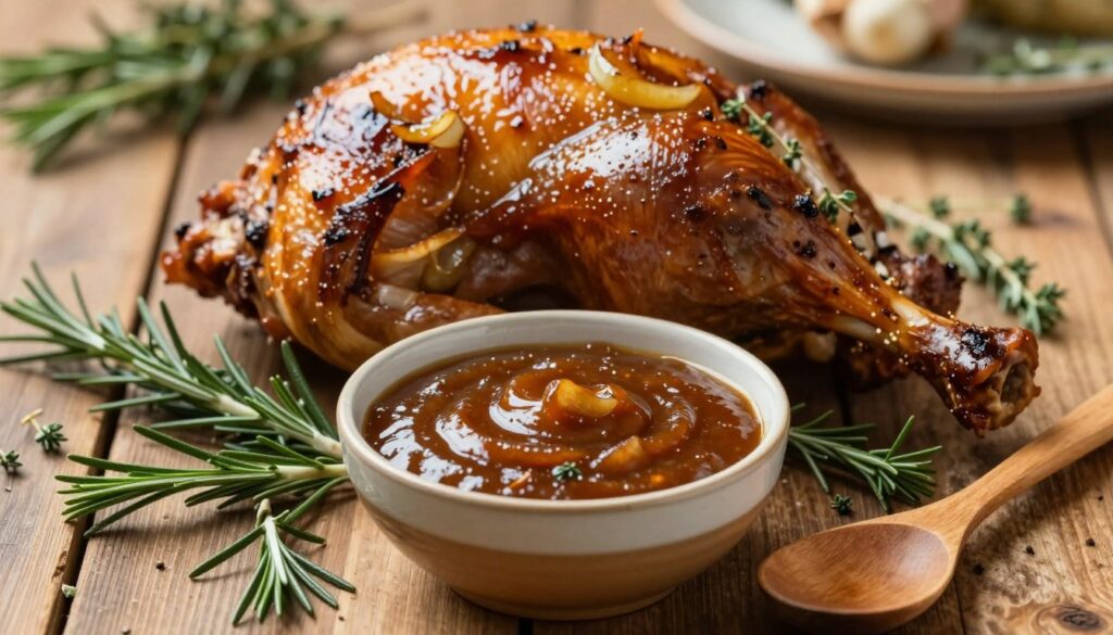 A rich, savory sauce glistening in a small ceramic bowl, surrounded by fresh herbs like rosemary and thyme. In the foreground, a wooden spoon rests beside the bowl, showcasing the sauce's consistency. The middle ground features a beautifully roasted turkey leg, lightly glazed with the sauce, with bits of caramelized onion and garlic visible. Soft lighting casts a warm glow over the scene, highlighting the texture of the sauce and the glossy skin of the turkey. In the background, a rustic wooden table adds depth, with scattered herbs and a blurred serving platter, creating a cozy, inviting atmosphere perfect for a holiday feast or family gathering, invoking a sense of culinary warmth and homeliness.