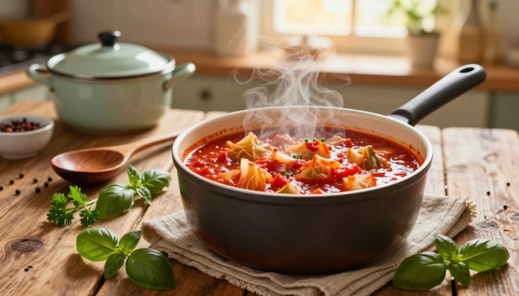A rich, steaming pot of "wywar kapusty sos pomidorowy" elegantly displayed on a rustic wooden table. In the foreground, the vibrant red tomato sauce bubbles invitingly, accented by chunks of tender cabbage. Scattered around the pot are fresh herbs such as parsley and basil, adding a touch of green. In the middle ground, a wooden spoon rests next to the pot, glistening with sauce, while a small dish of spices sits nearby, hinting at the depth of flavor. In the background, a softly lit kitchen with vintage cookware and a window letting in warm, golden light creates a cozy atmosphere. The lens captures the scene at a slightly elevated angle, allowing the viewer to appreciate the textures and colors of this culinary delight, exuding a homely, inviting mood.