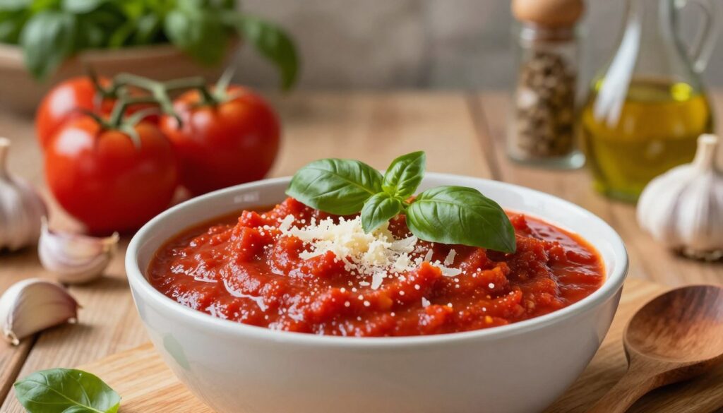 A rich, vibrant bowl of Italian tomato sauce sits prominently in the foreground, showcasing its deep red color with a glossy texture that catches the light. The sauce is adorned with fresh basil leaves and a sprinkle of grated Parmesan cheese, enhancing its appetizing appeal. Beside the bowl, a wooden spoon rests, hinting at its use in cooking. In the middle ground, a rustic kitchen setting is depicted, featuring a wooden table with scattered ingredients like ripe tomatoes, garlic cloves, and olive oil, evoking a homely atmosphere. The background shows softly blurred shelves of herbs and spices, illuminated by warm, diffuse lighting that suggests a cozy cooking environment. The overall mood is inviting and warm, reflecting the essence of Italian cuisine.