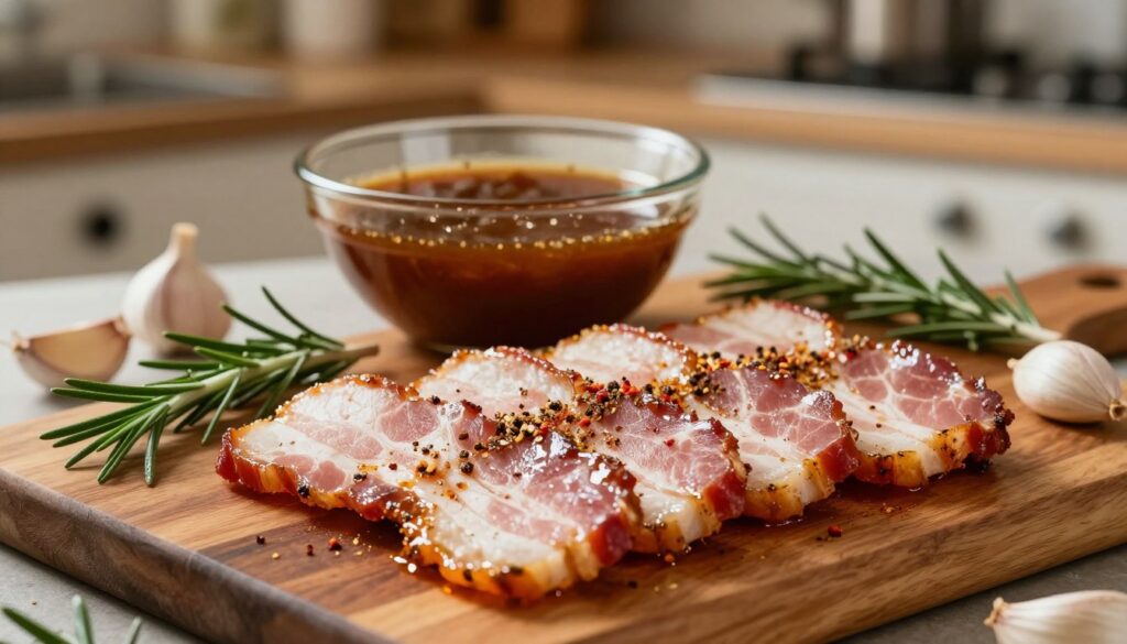 A richly arranged scene featuring a marinated bacon dish as the focal point. In the foreground, a glossy wooden cutting board displays thick, succulent slices of bacon, glistening with a savory marinade of rich spices and herbs. The bacon is surrounded by fresh ingredients like rosemary sprigs and garlic cloves, adding vibrant color and texture. In the middle, a bowl of thick, aromatic marinade captures the light, highlighting its deep brown hue. The background features a softly blurred kitchen scene with warm, inviting light, creating a cozy atmosphere. The overall mood is appetizing and homely, perfect for a culinary exploration of flavors.