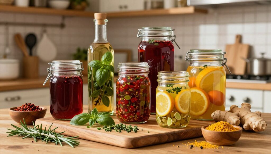 A richly detailed kitchen scene showcasing an array of colorful aromatic marinades in glass jars. The foreground features a beautiful wooden cutting board with freshly chopped herbs like rosemary and thyme, alongside vibrant spices spilling from small wooden bowls. In the middle, elegant glass jars filled with various marinades—such as a red wine vinegar mixture with garlic and basil, and a bright citrus marinade with ginger—are artistically arranged. The background highlights a cozy kitchen with warm, inviting lighting, soft shadows, and wooden shelves adorned with cooking books and utensils, creating a homely atmosphere. The composition conveys a sense of culinary creativity and warmth, perfect for illustrating the concept of delicious, tried-and-true marinades.