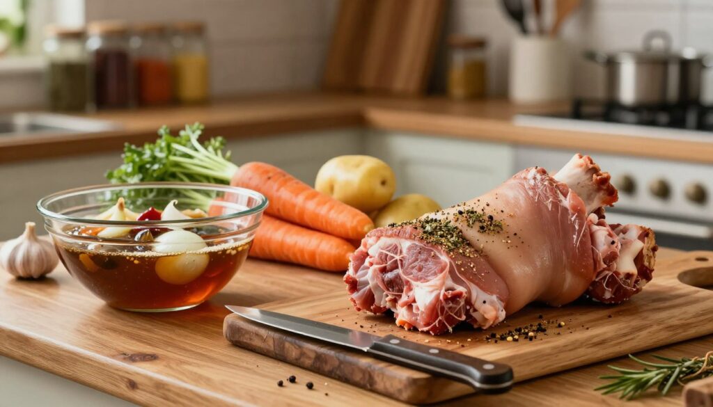 A rustic kitchen counter set with fresh ingredients for marinating pork knuckle, specifically showcasing the preparation process. In the foreground, a wooden cutting board holds seasoned meat, sprinkled with herbs and spices, a knife resting beside it. Next to the board, a mixing bowl filled with a rich marinade made of garlic, onions, and dark beer adds vibrant color. In the middle ground, various vegetables like carrots and potatoes are artfully arranged, ready for the dish. The background features a softly lit kitchen with shelves lined with spices and cooking utensils, conveying a warm, inviting atmosphere. The scene is well-lit, capturing the textures and colors of the ingredients, evoking a sense of culinary craft and tradition.