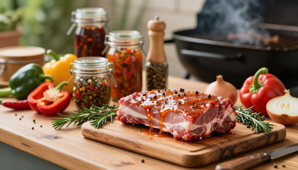 A rustic kitchen countertop displaying a beautiful arrangement of marinated pork neck (karkówka) ready for grilling. In the foreground, a marinated pork neck sits on a wooden cutting board with a delicious, glossy marinade coating it, dripping slightly. Surrounding the meat are fresh herbs like rosemary and thyme, alongside vibrant vegetables such as bell peppers and onions, adding color and freshness. In the middle, a few jars of various marinades and spices are artfully placed, showcasing the diversity of flavors one can use. The background features a softly blurred grill with a hint of smoke, suggesting an outdoor grilling scene. The warm, natural lighting creates a cozy atmosphere, inviting viewers to dive into the world of marinating and grilling, evoking a sense of culinary excitement and inspiration.