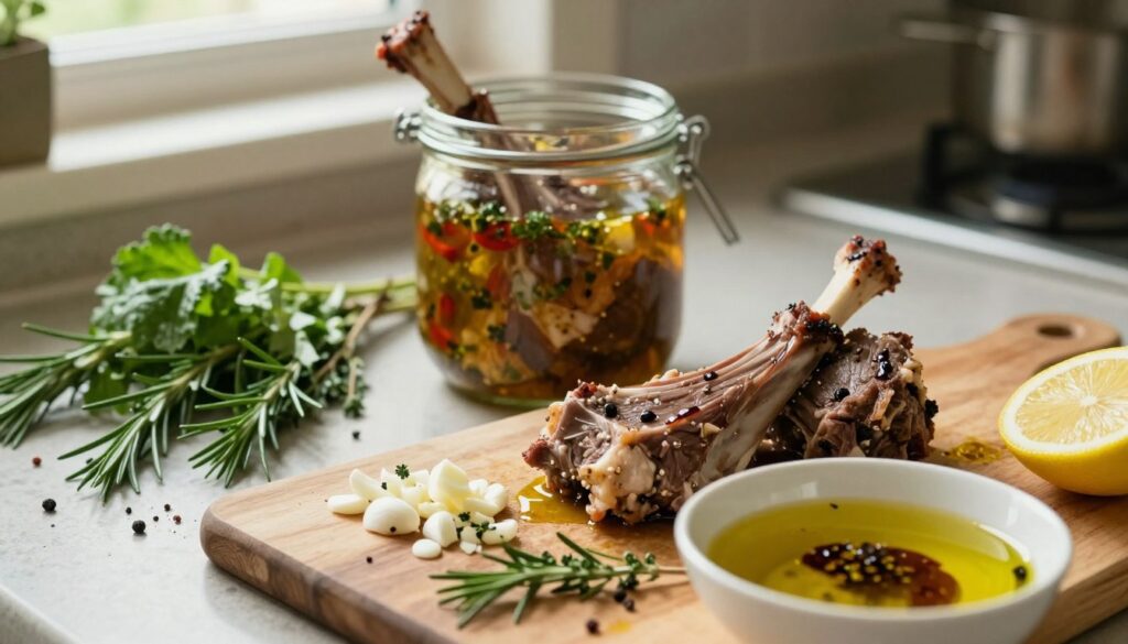 A rustic kitchen countertop featuring marinated lamb meat, surrounded by an array of fresh herbs and spices. In the foreground, there’s a wooden cutting board with chopped garlic, rosemary, and thyme, along with a bowl filled with a rich marinade of olive oil, lemon juice, and balsamic vinegar. The middle section shows a glass jar filled with marinating lamb, partially submerged in the aromatic mixture, capturing the colors and textures. The background consists of warm, natural light streaming in through a window, illuminating the scene and creating a cozy atmosphere. The composition is shot from an overhead angle with a shallow depth of field, focusing on the marinated meat while softly blurring the background for an inviting ambiance.