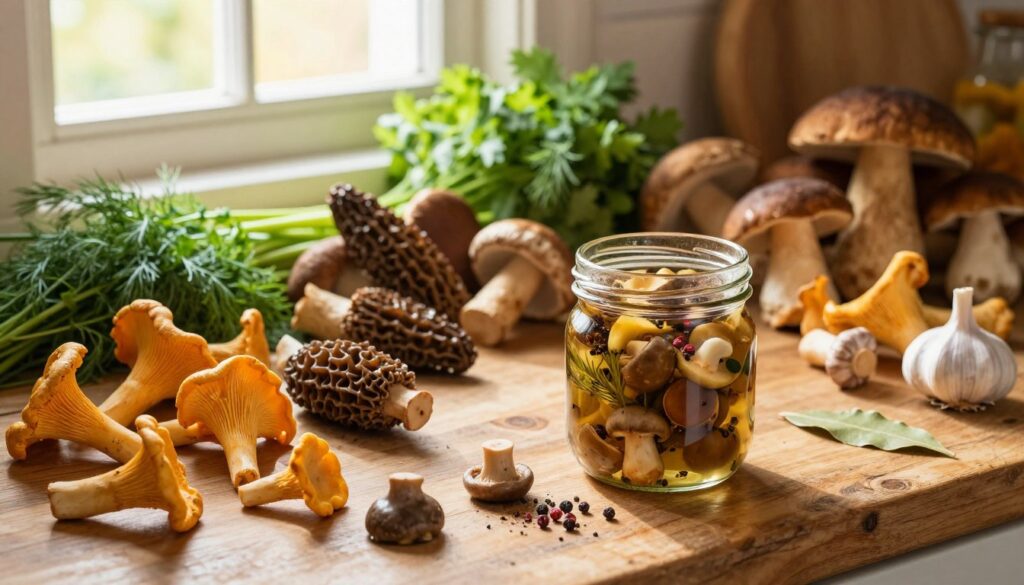 A rustic kitchen countertop filled with an assortment of freshly picked mushrooms, showcasing various types like chanterelles, porcini, and morel. In the foreground, a glass jar of marinated mushrooms sits open, revealing the rich spices and herbs used in the brine. The middle ground features an assortment of vibrant herbs and spices, such as dill, garlic, and bay leaves, artistically arranged around the mushrooms. In the background, sunlight filters through a window, casting a warm glow that enhances the earthy tones of the scene. The atmosphere is cozy and inviting, evoking the comfort of home cooking. The composition emphasizes organic textures and colors, capturing the essence of traditional mushroom pickling.