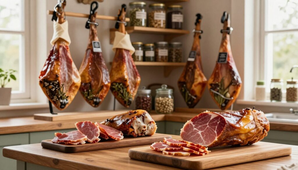 A rustic kitchen scene featuring a beautifully arranged display of various hams being stored properly. In the foreground, several slices of glistening, juicy ham are elegantly placed on a wooden cutting board, showcasing their rich color and texture. In the middle, a well-organized storage area includes hanging whole hams wrapped in cheesecloth, alongside glass jars filled with herbs and spices. The background reveals shelves lined with neatly labeled containers, all in warm, natural wood tones. Soft, diffused natural light filters through a nearby window, creating a warm and inviting atmosphere. The focus is on the careful preservation of the hams, emphasizing freshness and quality. The scene captures the essence of home-cooked meats and diligent storage practices.