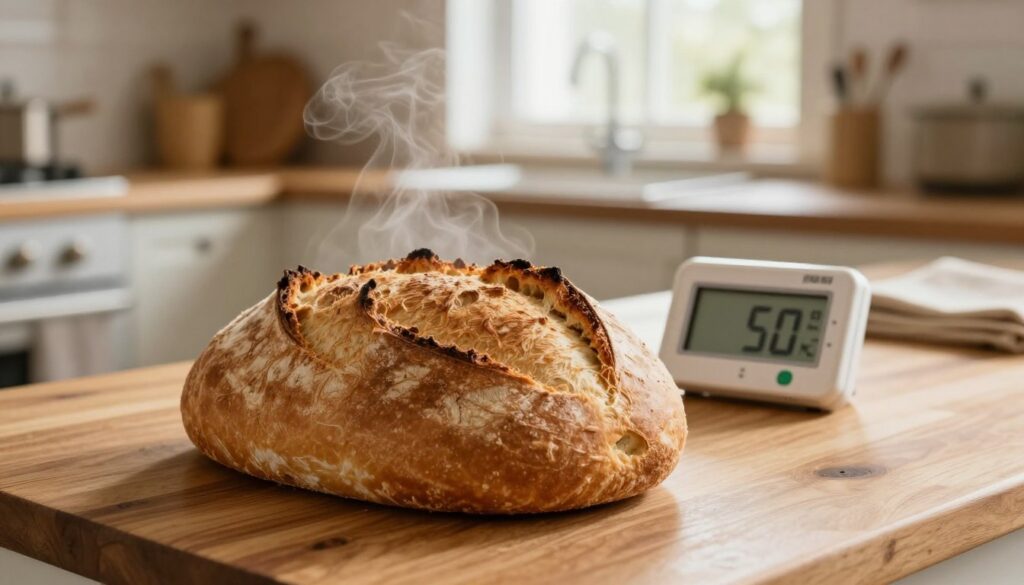 A rustic kitchen scene featuring a freshly baked loaf of bread resting on a wooden countertop. The bochenek, golden-brown with a crispy crust, is positioned in the foreground, with steam gently rising from it, indicating it has just come out of the oven. In the middle ground, a digital kitchen thermometer with a clear reading is placed next to the loaf, symbolizing a check for doneness. The background shows a warm, inviting kitchen bathed in soft, natural light coming from a window, enhancing the homey atmosphere. The camera angle is slightly elevated, capturing both the loaf and thermometer in focus. The overall mood is cozy and inviting, evoking the joys of baking at home.