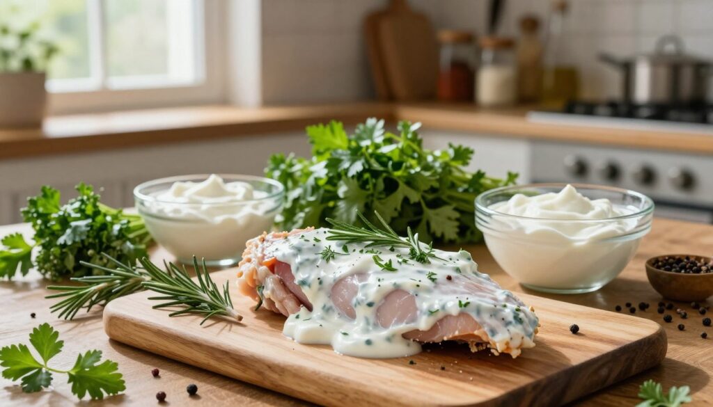 A rustic kitchen scene featuring a marinated turkey breast surrounded by bowls of yogurt and fresh herbs. In the foreground, a wooden cutting board holds a glistening turkey breast coated in creamy yogurt mixed with vibrant green herbs like rosemary, thyme, and parsley. The middle ground showcases an array of fresh herbs and spices, emphasizing the natural ingredients, while a glass bowl filled with yogurt sits invitingly nearby. Soft, warm lighting filters through a nearby window, casting gentle shadows and highlighting the textures of the meat and greenery. The background features a farmhouse-style kitchen with shelves filled with various spices and cooking tools, creating a cozy and inviting atmosphere focused on wholesome cooking.