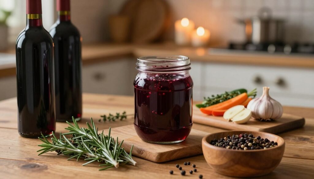 A rustic kitchen scene featuring a wooden table adorned with an array of ingredients for a red wine marinade. In the foreground, there are bottles of deep red wine, sprigs of fresh herbs like rosemary and thyme, and a wooden bowl filled with spices such as peppercorns and juniper berries. In the middle ground, a glass jar brimming with rich, dark marinade sits next to slices of garlic and colorful vegetables, illustrating the infusion process. The background reveals warm, candlelit reflections casting a cozy glow, emphasizing the earthy tones of the kitchen. The mood is inviting and homely, suggesting the preparation of a traditional marinade that enhances the flavors of game meat, celebrating both nature and culinary craft. Soft focus on the background enhances the richness of details in the foreground.