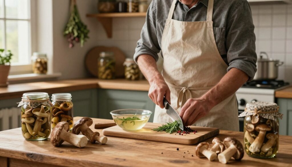 A rustic kitchen scene highlighting the techniques for preparing pickled mushrooms. In the foreground, a wooden table is adorned with freshly cleaned wild mushrooms in varied shapes and sizes, alongside jars of marinated mushrooms glistening under soft, warm light. In the middle ground, a skilled cook, dressed in a simple yet tidy apron, attentively slices aromatic herbs and spices, with a bowl of vinegar brine simmering gently on the stove. The background features a cozy kitchen with shelves filled with home-canned goods, herbs hanging to dry, and sunlight streaming through a window, creating a warm and inviting atmosphere. The overall mood is one of traditional home cooking, emphasizing the art of preserving food through time-honored methods.