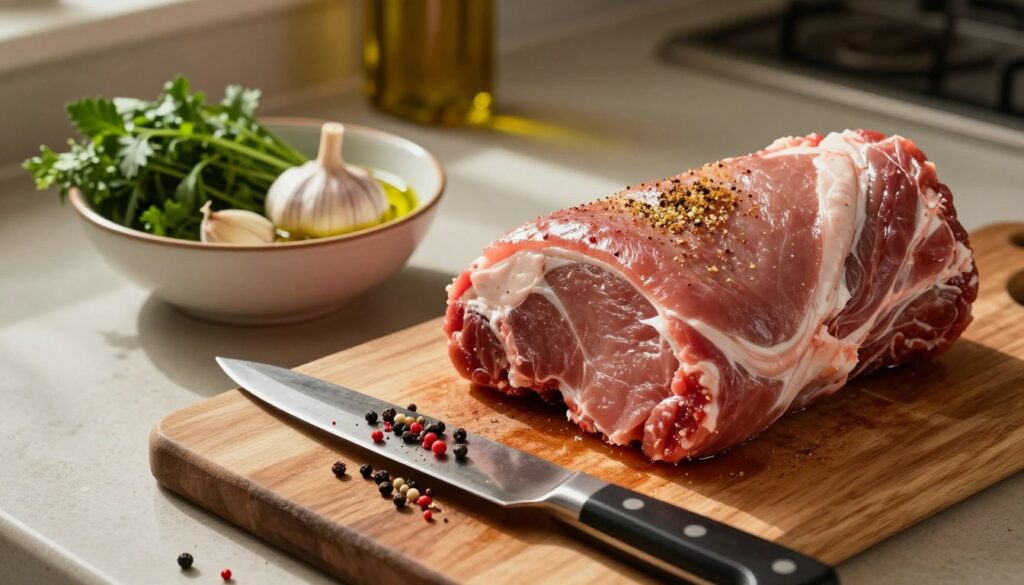 A rustic kitchen scene showcasing the preparation of meat before marinating. In the foreground, a wooden cutting board holds a large, succulent pork shoulder, its surface glistening with seasoning. A sharp chef's knife, partially buried in an array of colorful spices, lies next to the meat. In the middle ground, a bowl filled with fresh herbs, garlic cloves, and a splash of olive oil is ready for marinating. The background features warm, ambient lighting casting soft shadows across the countertop, enhancing the inviting atmosphere. The scene captures the anticipation of home cooking, evoking warmth and comfort, with a focus on the craftsmanship involved in preparing a delicious meal. The composition should highlight the textures of the meat and the vibrant colors of the ingredients.