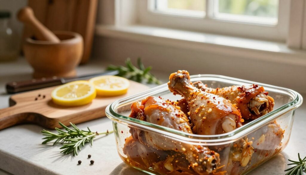 A rustic kitchen setting featuring marinated chicken legs in a glass container, surrounded by fresh herbs and spices. The foreground highlights the glistening, richly colored chicken, showcasing the marinade's texture with hints of garlic and paprika. In the middle, include a wooden chopping board with sliced lemons and fragrant herbs scattered around. The background features a soft-focus view of kitchen utensils, such as a cutting knife and a mortar and pestle, adding to the culinary ambiance. Warm, natural lighting streams in from a nearby window, casting gentle shadows and enhancing the inviting atmosphere. The overall mood is cozy and homely, perfect for illustrating the art of preserving marinated meat.