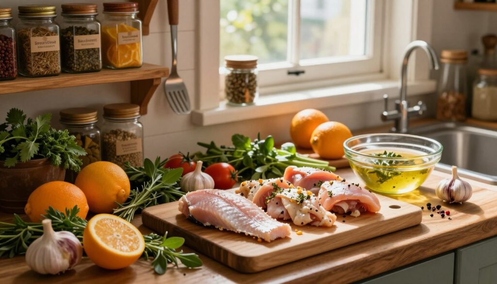 A rustic kitchen setting filled with fresh ingredients for marinating fish and poultry. In the foreground, a chopping board holds expertly filleted fish and marinated chicken pieces, surrounded by vibrant herbs, spices, and citrus fruits. A glass bowl of aromatic marinade mixes oil, garlic, and herbs to the side. The middle ground features wooden shelves stacked with spices in labeled jars and utensils hanging on the walls. The background shows a sunlit window allowing warm, natural light to illuminate the scene, casting soft shadows. The atmosphere is warm and inviting, evoking a sense of culinary adventure and preparation for smoking meats. The camera angle is slightly above the countertop, offering an overview of the meticulous preparation process.