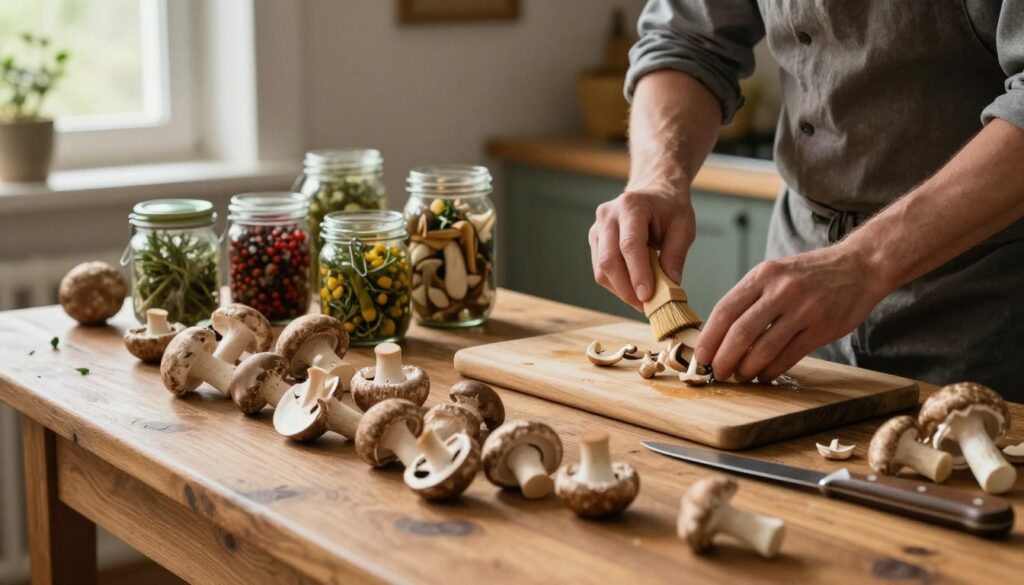 A rustic kitchen setting, warm and inviting, with a wooden table in the foreground displaying freshly picked, assorted mushrooms ready for preparation. A chef in modest casual clothing, focused on cleaning the mushrooms with a soft brush, surrounded by a variety of kitchen tools like a cutting board and knife. In the middle background, jars of pickling spices and herbs are neatly arranged, hinting at the upcoming marination process. Soft, natural light filters in from a nearby window, casting gentle shadows and creating a cozy atmosphere. The scene conveys a sense of tradition and culinary care, highlighting the meticulous preparation of mushrooms before pickling. The angle captures both the chef’s hands and the vibrant colors of the mushrooms.