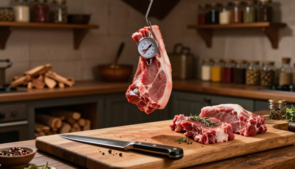A rustic kitchen setting where raw meat is being prepared for smoking. In the foreground, there’s a wooden cutting board with various cuts of pork and beef, seasoned with herbs and spices. A sharp knife glistens under soft, warm light, casting gentle shadows. In the middle, a marinated piece of meat is hanging from a hook, with a meat thermometer embedded to check the internal temperature. The background features a traditional smokehouse, with wood chips and a shelf filled with jars of spices. The atmosphere is cozy and inviting, evoking the rich tradition of meat preparation. The overall mood is one of craftsmanship and anticipation, emphasizing the art of smoking meat.