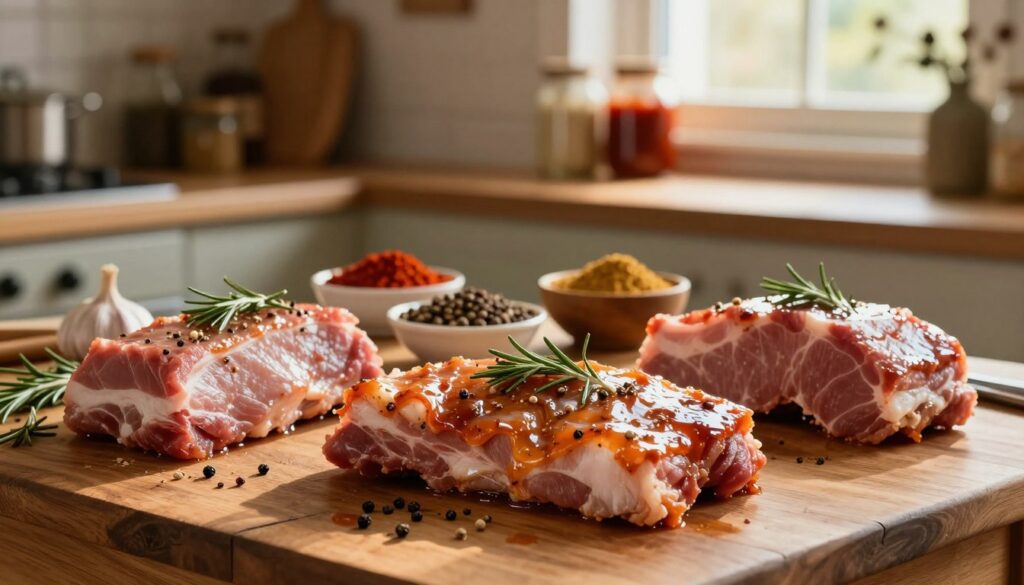 A rustic kitchen setting, with a wooden table in the foreground showcasing various cuts of marinated pork. Each piece has a distinct marinade, glistening with herbs and spices like garlic, rosemary, and peppercorns. In the middle ground, a variety of spices in small bowls are artistically arranged, emphasizing the marination process. The background features shelves lined with jars of homemade sauces and spices, subtly blurring into warm, inviting kitchen light. The overall atmosphere is cozy and appetizing, evoking a sense of culinary creativity. The lighting is soft and warm, reminiscent of late afternoon sunshine filtering through a kitchen window, casting gentle shadows over the scene. Focus on a close-up perspective for added detail.