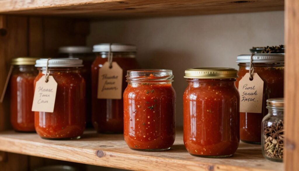 A rustic kitchen shelf filled with neatly organized glass jars of vibrant homemade tomato sauces. In the foreground, two jars are prominently displayed; one is opened, revealing a rich, glossy red sauce with visible herbs and spices, while the other is sealed, showcasing its deep color. The middle ground has more jars in varying sizes, all labeled with beautiful handwritten tags. Soft, warm lighting creates a cozy atmosphere, highlighting the rich texture of the sauces and the glass jars' reflections. In the background, rustic wooden shelves and spices in decorative containers complete the charming scene. The composition conveys a sense of warmth, tradition, and readiness for culinary adventures.