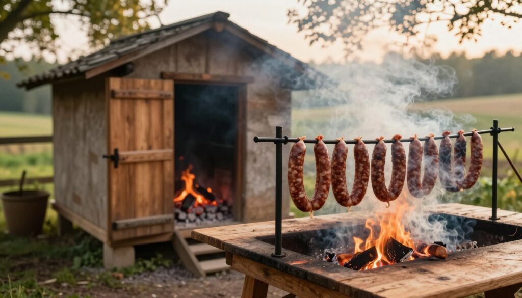 A rustic outdoor scene featuring the process of sausage smoking. In the foreground, a wooden worktable holds freshly made sausages suspended over a gentle, smoky wood fire, with fragrant wisps of smoke curling up. In the middle ground, a traditional smokehouse stands with its wooden door slightly ajar, revealing the glowing embers inside. The background showcases a lush landscape, hinting at the countryside, with trees peeking through the haze. The lighting is warm and golden, evoking a cozy atmosphere, while the scene is captured from a slightly elevated angle to emphasize the depth of smoke and the textures of the sausages. This image should convey the essence of the traditional smoking process.