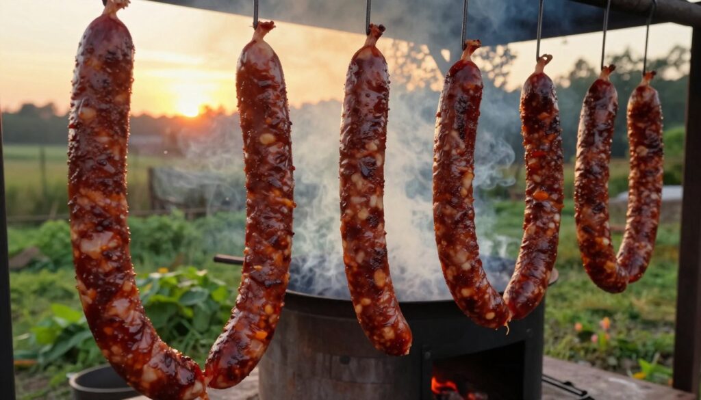 A rustic outdoor setting featuring a traditional smoking chamber surrounded by lush greenery. In the foreground, vibrant, freshly made sausages hang from hooks, glistening with a rich, smoky sheen. The middle ground showcases the smoking chamber with wisps of aromatic wood smoke curling upwards, enveloping the sausages in a warm embrace. In the background, a picturesque sunset bathes the scene in golden light, creating a cozy and inviting ambiance. The image is shot from a slightly elevated angle, allowing a clear view of both the sausages and the chamber. The atmosphere is warm and inviting, embodying the art of sausage smoking, focusing on temperature and aroma for optimal flavor.