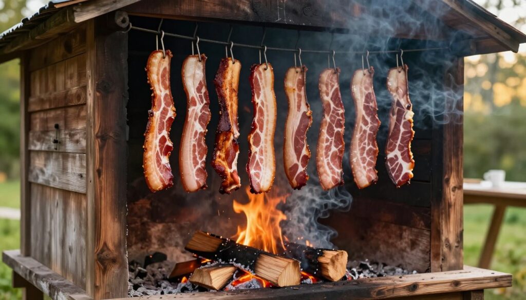 A rustic outdoor smoking setup featuring deliciously smoked bacon hanging above a gently glowing wood fire. In the foreground, focus on strips of succulent bacon, beautifully marbled, suspended from hooks inside a traditional wooden smokehouse with smoke swirling around. The middle ground displays the smokehouse, crafted from weathered wood, with hints of the smoking process – glowing embers, and aromatic woods like hickory and cherry visible. In the background, a soft, warm sunlight filters through lush greenery, creating a serene and inviting atmosphere. The scene conveys the essence of home smoking, emphasizing the ideal temperature for perfection, with rich textures and inviting colors. The image is bright and well-lit, capturing the warmth of the smoking process while ensuring a cozy, homely feel.