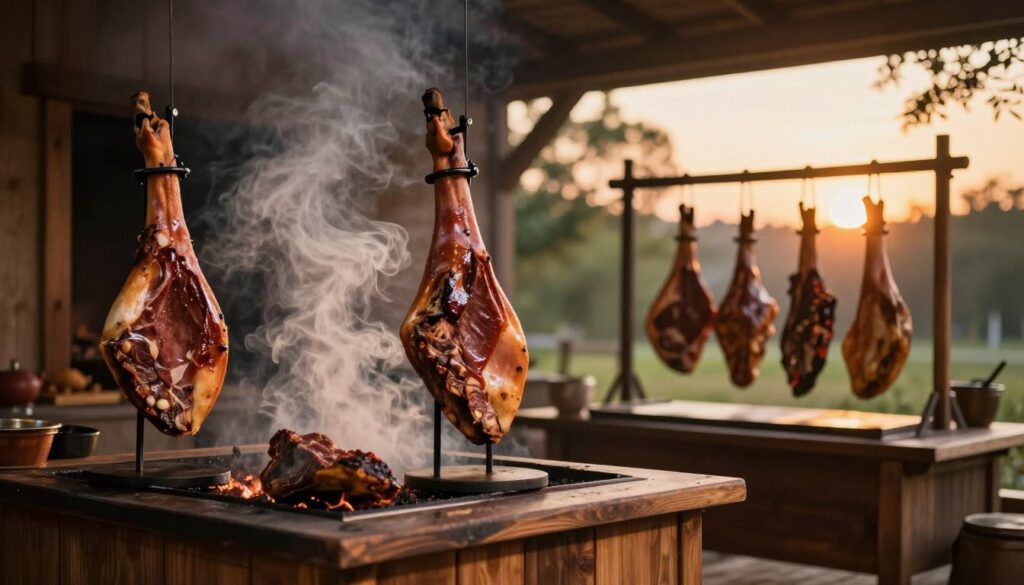 A rustic scene showcasing various smoking techniques for meats, particularly ham. In the foreground, a traditional smoking chamber made of wood, with visible smoke wafting gently into the air. The middle ground features a selection of meats on racks, glistening under warm, golden lighting, illustrating the difference in smoking temperatures. In the background, a serene outdoor setting with trees and a soft glow of sunset, enhancing the warmth of the scene. The atmosphere is inviting and reminiscent of an artisan kitchen. Use a shallow depth of field to focus on the details of the smoking process while blurring the trees in the background softly. Aim for a warm, cozy mood that conveys craftsmanship and culinary tradition. A rustic scene showcasing various smoking techniques for meats, particularly ham. In the foreground, a traditional smoking chamber made of wood, with visible smoke wafting gently into the air. The middle ground features a selection of meats on racks, glistening under warm, golden lighting, illustrating the difference in smoking temperatures. In the background, a serene outdoor setting with trees and a soft glow of sunset, enhancing the warmth of the scene. The atmosphere is inviting and reminiscent of an artisan kitchen. Use a shallow depth of field to focus on the details of the smoking process while blurring the trees in the background softly. Aim for a warm, cozy mood that conveys craftsmanship and culinary tradition.